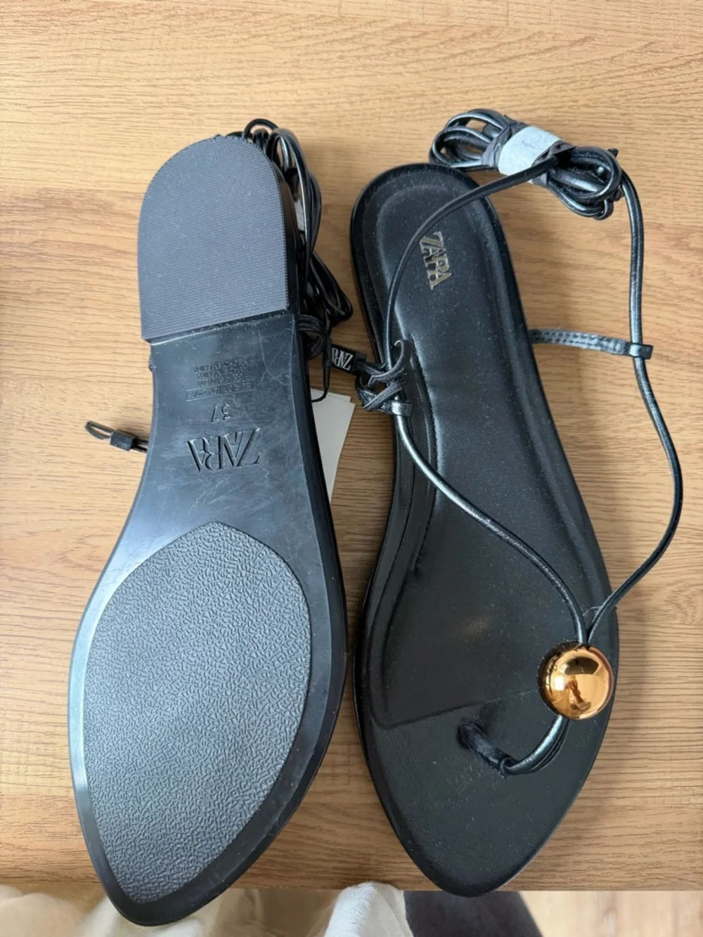 Zara Black Lace-Up Sandals with Gold-Tone Discs - Picture 2 of 3